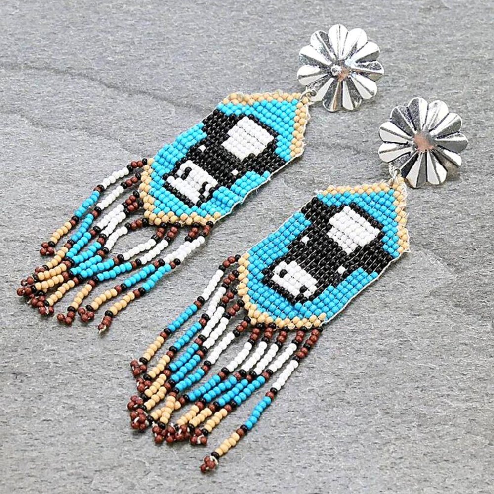 Artisan Made Seed Bead Silver Concho Fringe Western Cow Ranch Theme Earrings NEW